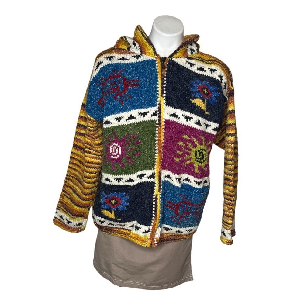HAND CRAFTED Knit Sweater Hood Colorful Patchwork Full Zipper Patchwork Peruvian